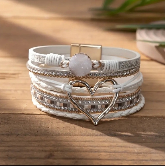 Boho Tribal Multi-layer PU Leather Rhinestone Heart Bracelet w/ Magnetic Buckle - Picture 2 of 8